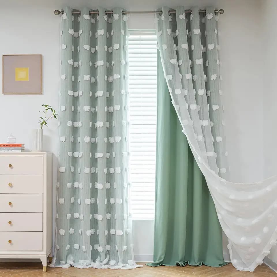 MYSKY HOME Aqua Curtains for Kids Room Nursery Curtains 72 Inches Long for Girls Bedroom Double Layer Curtains White Pom Pom Sheer Curtains for Dining Room Grommet Room Darkening Panels W52 X L72