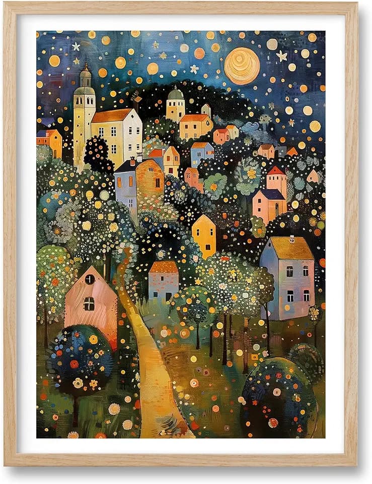 HesenDot Gustav Klimt Moon Stars Natural OAK Wood Framed Wall Art,12x16in