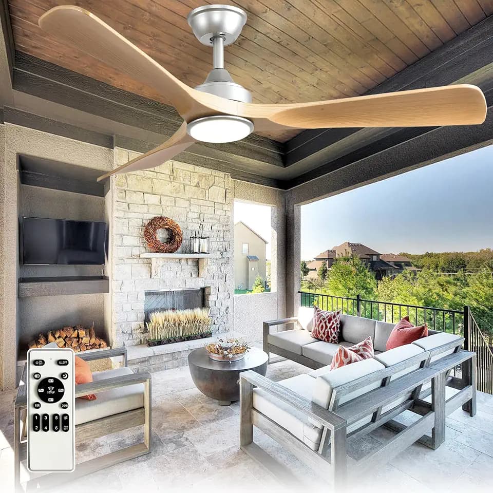 Outdoor Ceiling Fan with Light: 52 Inch 3 Blade Outdoor Fans for Patios - Modern Wood Ceiling Fan with Dimmable Light Remote APP Control Ultra Quiet Reversible DC Motor Timer