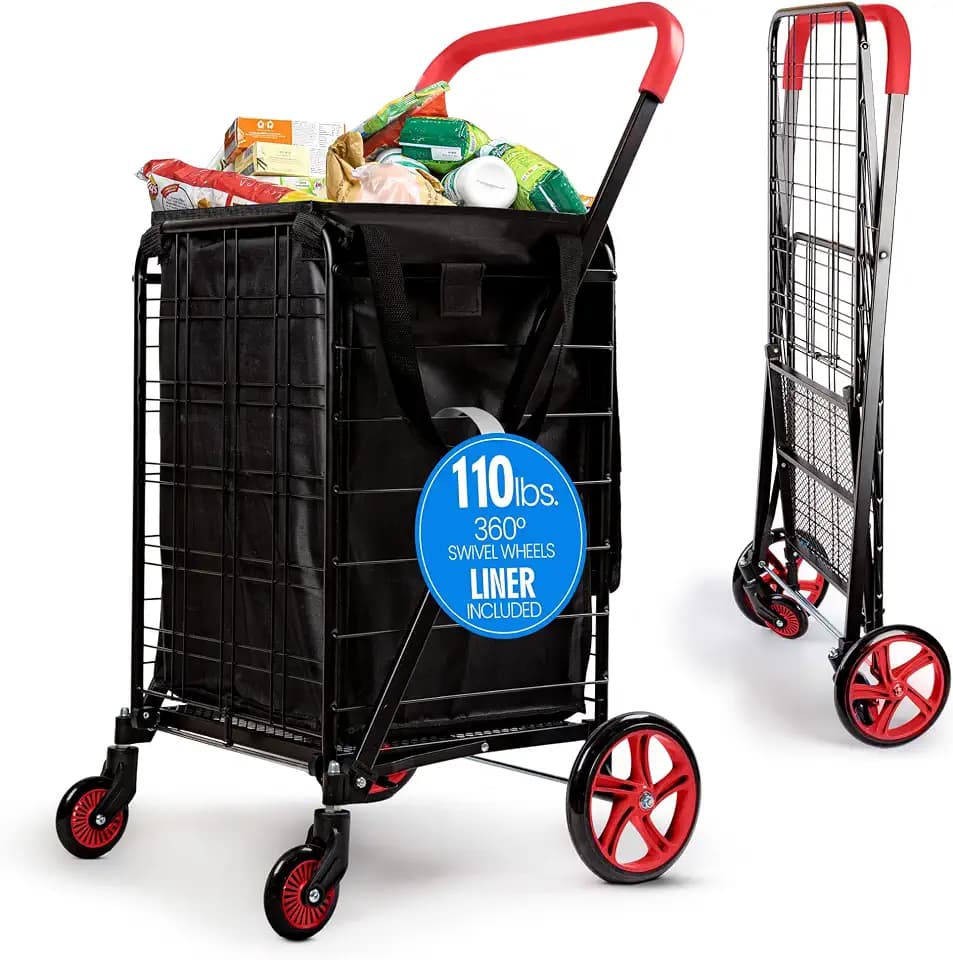 SereneLife Large Folding Utility Shopping Cart with Removable Liner – Heavy Duty, 360° Swivel Wheels, 110 lb Capacity, Portable for Groceries, Laundry, Luggage, and More (Red)