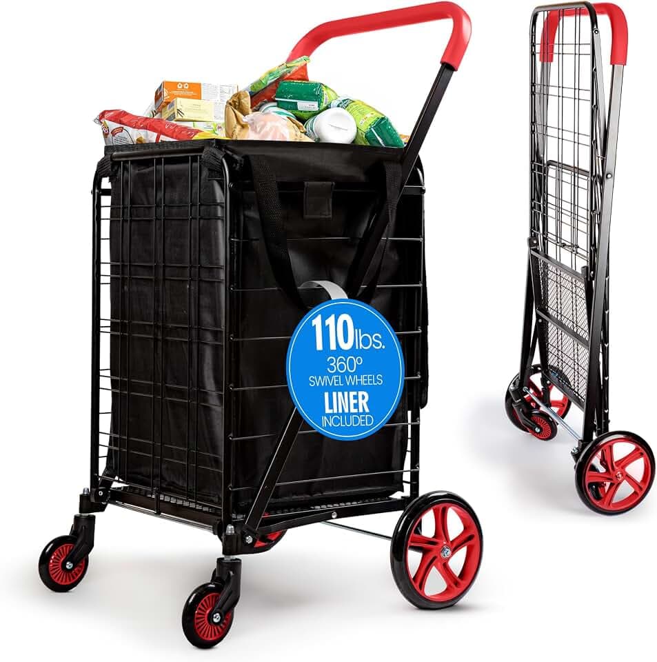 SereneLife Large Folding Utility Shopping Cart with Removable Liner – Heavy Duty, 360° Swivel Wheels, 110 lb Capacity, Portable for Groceries, Laundry, Luggage, and More (Red)