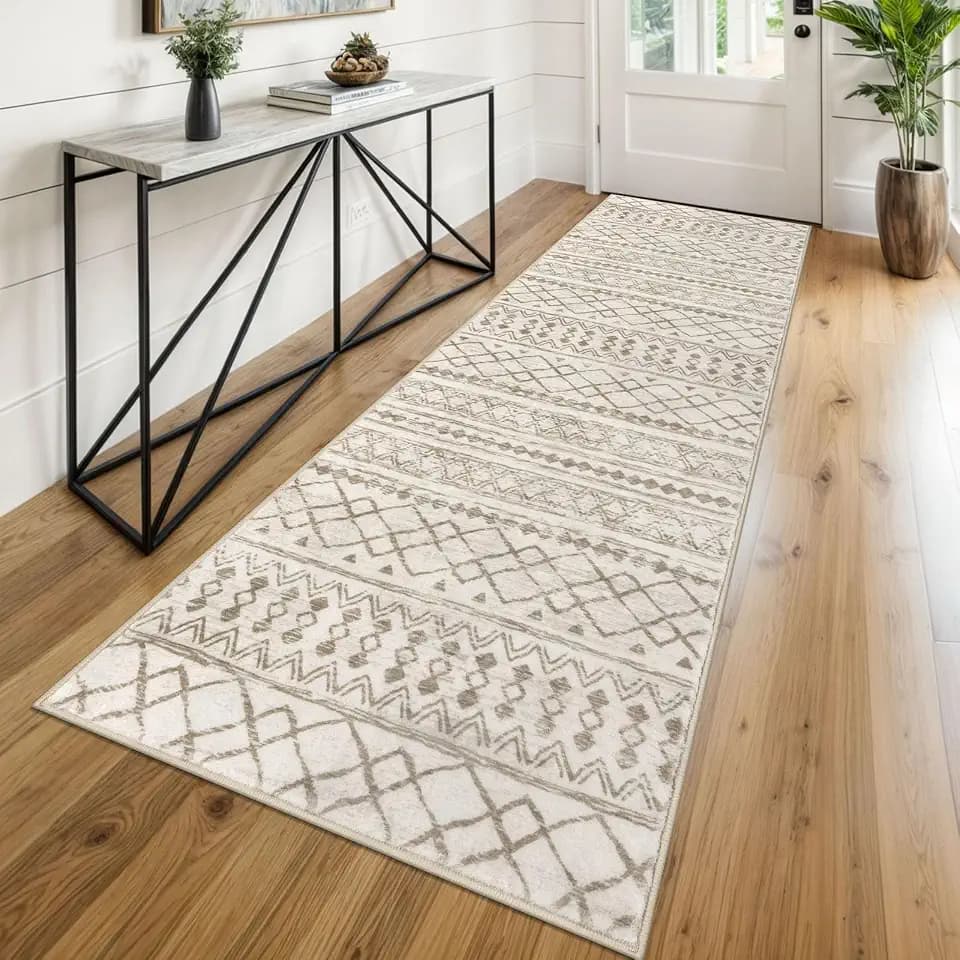 KUTA Moroccan Washable Runner Rug 2.6x8 Beige Boho Hallway Runners