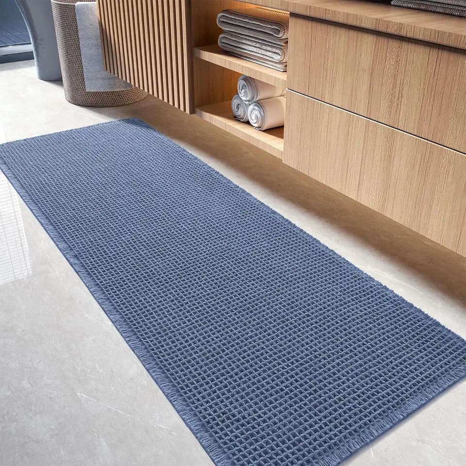 tchdio Waffle Bath Mat-Runner Rug, Super Absorbent Non Slip Bath Mats for Bathroom Machine Washable Long Rugs with Tassels, Bath Rugs for Bathroom Floor Beside Tub, 2' x 6'(24" x 72"), Blue