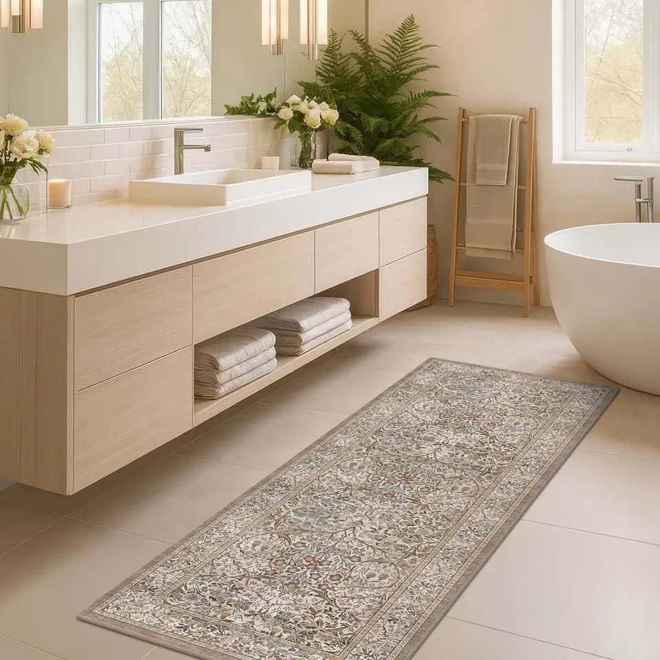 Washable Moss Green 2x5 Neutral Runner Rug for Bathroom, Laundry, Kitchen