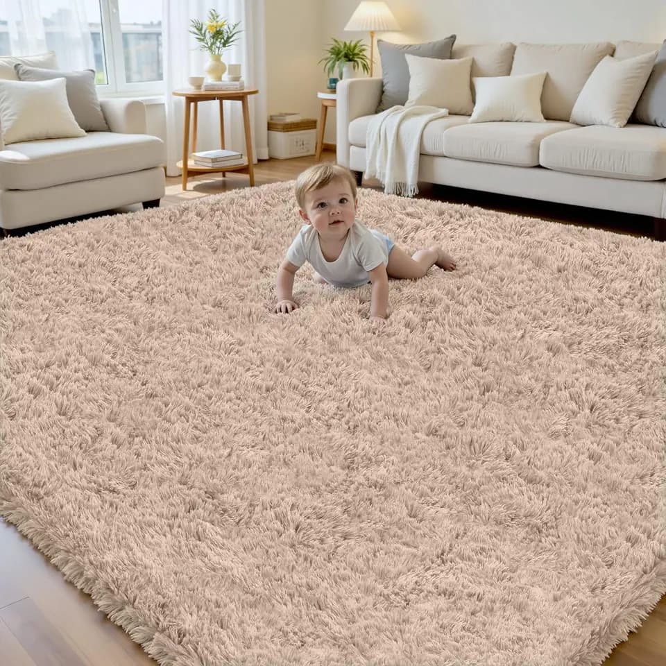 6x9 Beige Fluffy Fuzzy Shag Area Rug for Living Room, Bedroom, Dorm Carpet