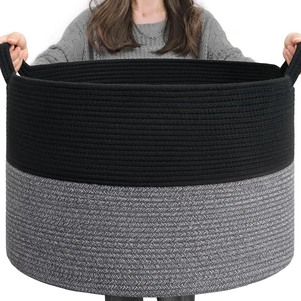 INDRESSME XXXLarge Woven Rope Blanket Basket Living Room Black Grey