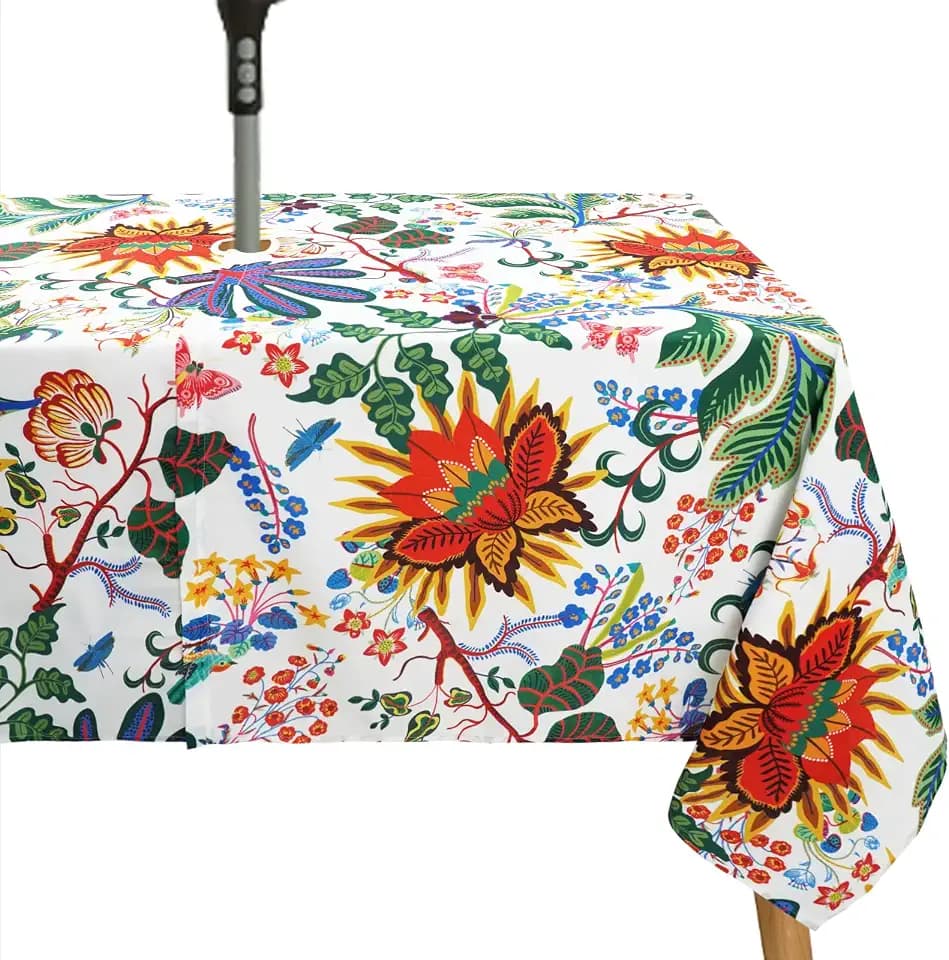 Outdoor Tablecloth with Umbrella Hole for Rectangle Table, Waterproof Flowers Patio Table Cloth with Zipper - 60 x 84 inches