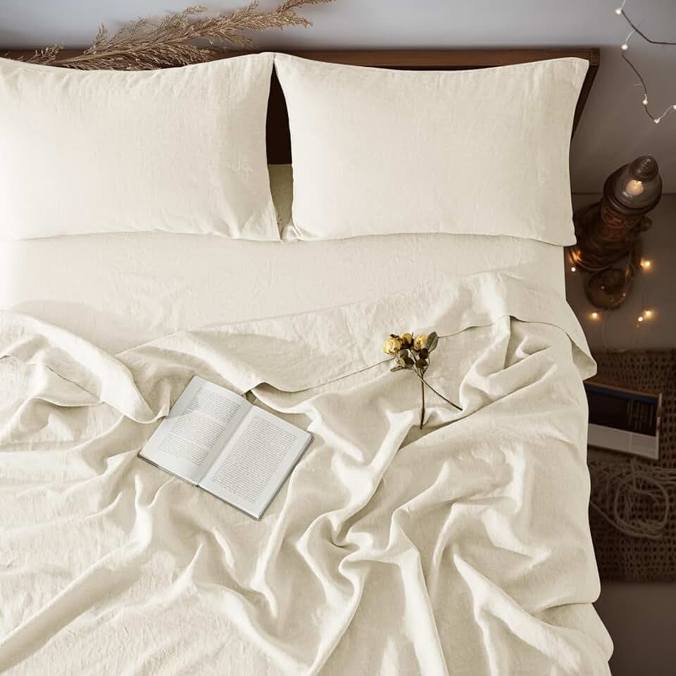 LBRO2M 100% French Pure Linen Sheet Set 4Pcs, 16" Deep Pocket Queen Size