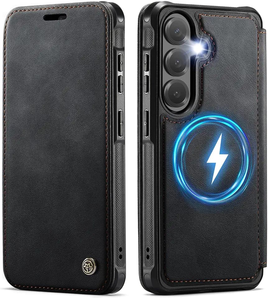 Handyhülle für Samsung Galaxy S26 Hülle Kompatibel mit Magsafe, PU Leder Kabelloses Laden Klapphülle Kartenfach RFID Schutz Ständer Schutzhülle Lederhülle für Galaxy S26 - Schwarz