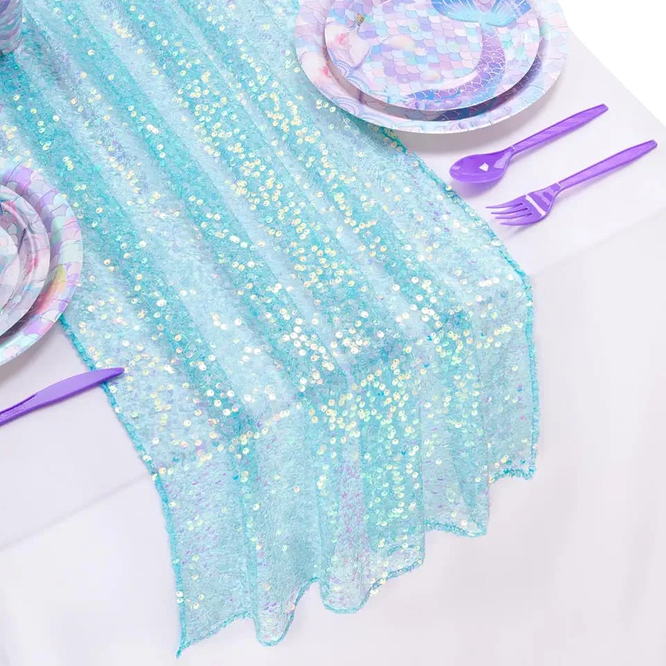 Mermaid Coral Green Table Runner Glitter Birthday Decoration 25x120 Inches
