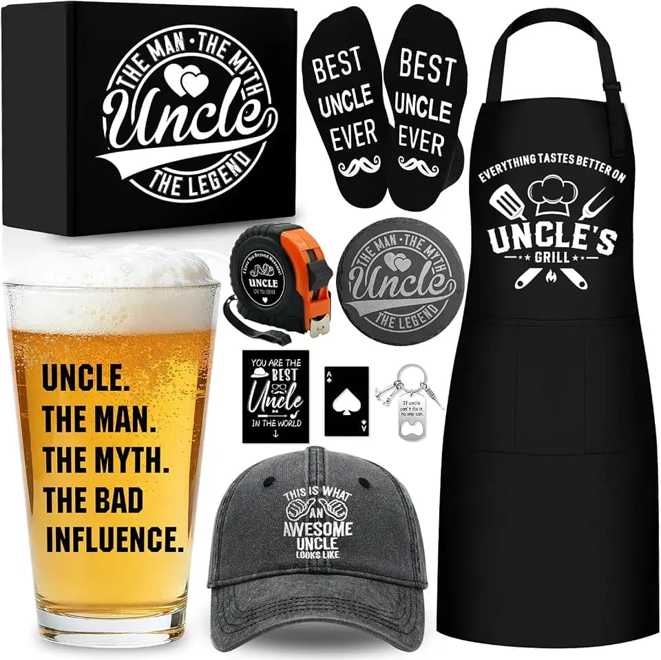 10 PCS Uncle Gifts from Niece Nephew with 16 Oz Beer Glass Coaster Apron Baseball Cap Socks Tape Measure, Best Uncle Ever Gift for Birthday Father's Day Christmas