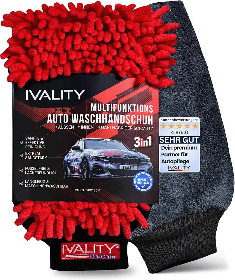 Ivality® Premium 3 in1 Auto Waschhandschuh – Mikrofaser Handschuh Lackschonend & Saugstark - Kratzfrei Schwamm Kfz Mit Gummibund Für Auto Waschen , Felgenreiniger & Insekten entferner