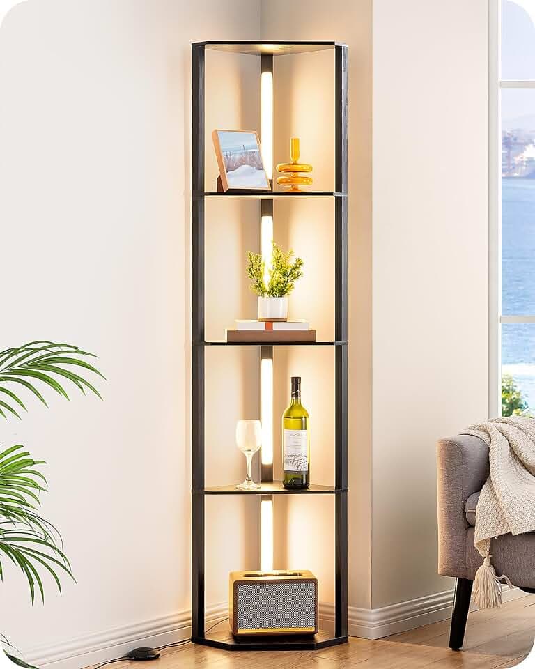 EDISHINE 64'' Corner Display Shelf Floor Lamp, 3CCT, Floor Lamp, Black