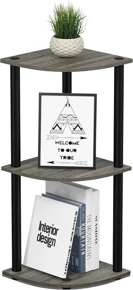 Furinno TURN-N-TUBE Corner Shelf, 3-Tier Corner Bookshelf, Display Storage Shelves with Open Shelves, for Organization and Storage, Living Room, Home Office, Garage, French Oak