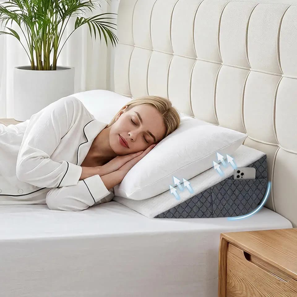 HABUTWAY Full Size Bed Wedge Pillow for Headboard, Mattress Gap Filler for 0-8" Gap, High-Density Foam with Grip Dots & Side Pockets, Headboard Wedge Pillow (White)