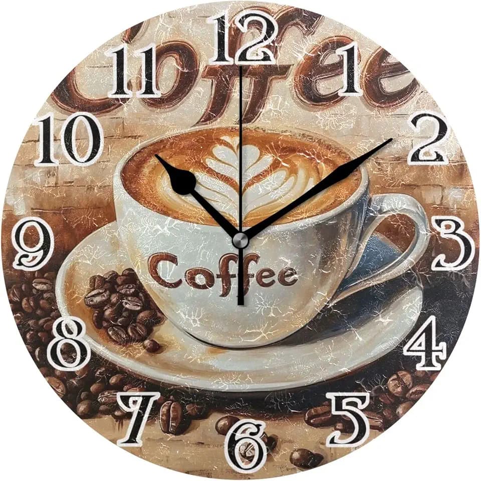 ALAZA Coffee Cup Wall Clock Battery Operated Kitchen Clock 9.5 Inch Bathroom Clock Non Ticking Round Decorative Desk Clock Bedroom Living Room Decor