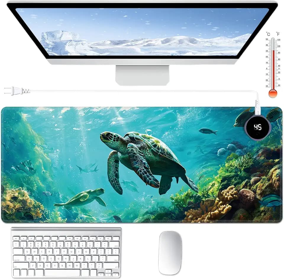 Heated Desk Pad Large Mouse Pad 31.5 x 13 inch with 3 Levels Heating & Auto Shut-Off Warm Mouse pad PU Leather Computer Mousepad for Home Office Work - Sea Turtles in The Ocean