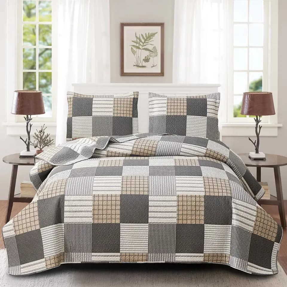 Brown Black Plaid Bedding Sets, 3 Pcs King Size Quilt Bedspread Checked Patchwork Print Coverlets Bedcover Reversible Bed Cover Country Bedroom Decor(96"x 108")