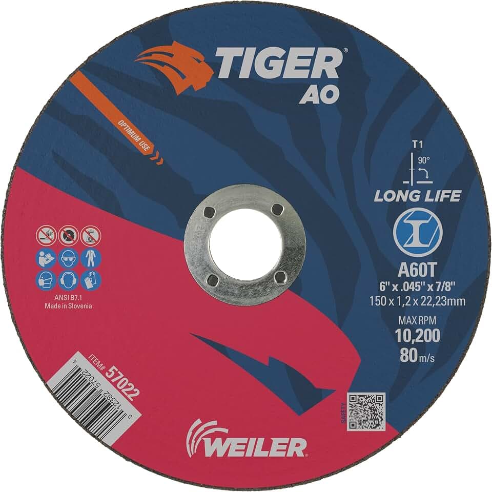 Weiler 57022 6 Inch Cutting Wheel, Tiger AO Steel/Metal Long Life Performance Cutting, .045" A60T Type 1 7/8" Arbor, Pack of 25