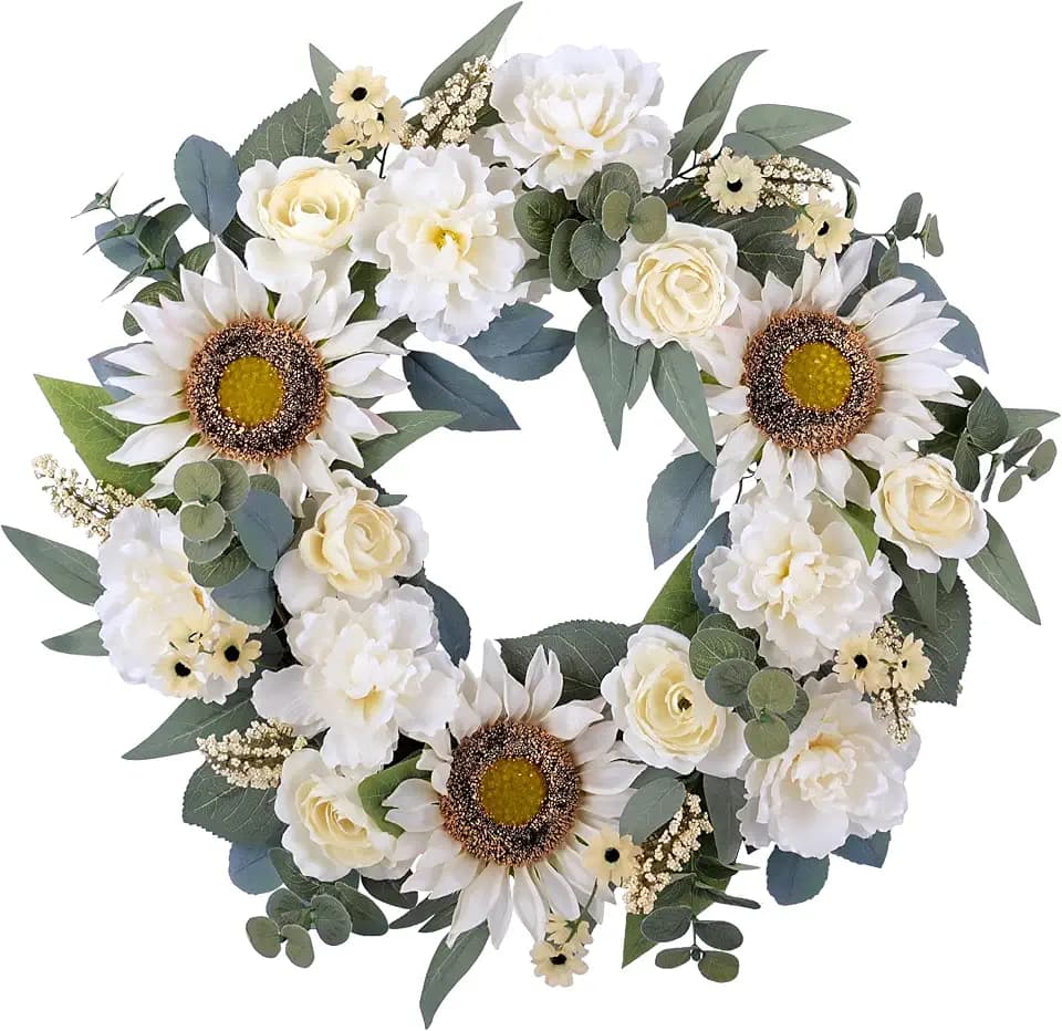 Spring Wreath for Front Door - 24 Inch White Flower With Artificial Sunflower, Peony, Rose - Mixed Faux Floral Spring Summer Decoration for Home Indoor Outdoor Door Wall
