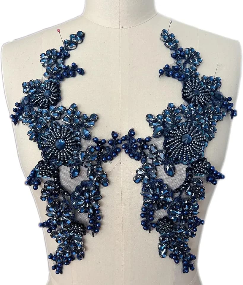 1 Pair Sew on Crystals Rhinestones Appliques Patches for Front Bodice Decoration Sewing Beaded Wedding Evening Dress Clothing Prom Costumes Crafts (Deep blue), ymal-358