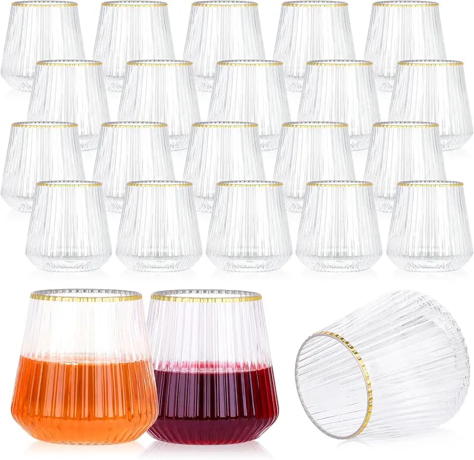 tchrules 24 Pack 14oz Clear Plastic Stemless Ribbed Wine Glasses, Gold Rim