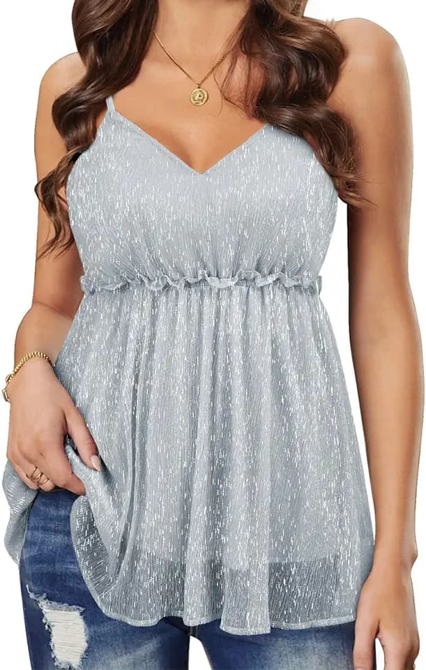 Nlife Women Sparkly Peplum Top Glitter V Neck Sleeveless Blouse