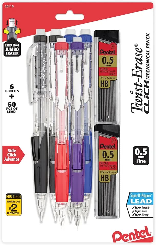 Pentel Twist-Erase Click Mechanical Pencil (0.5mm), Pack of 6 Pencisl with 2 Pack of Lead Refills (PD275TLBPS6M)