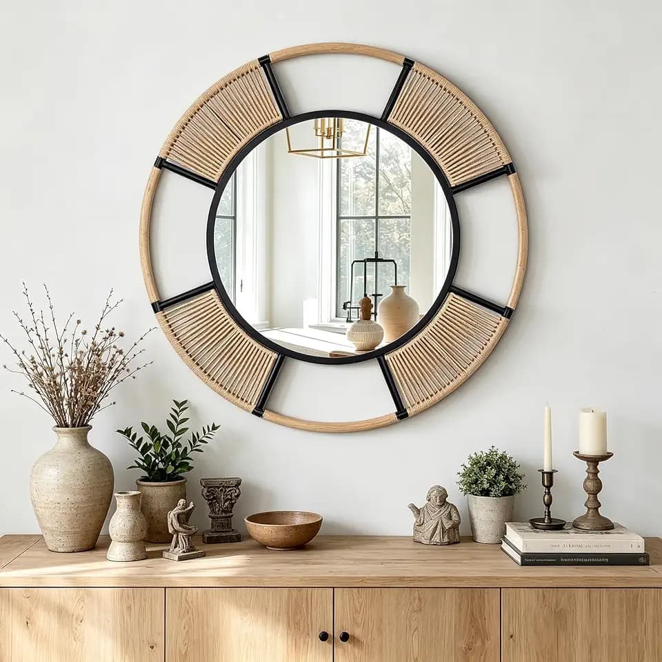 Hand‑Woven Jute Rope Round Wall Mirror, 30''Modern Boho Mirror Decor