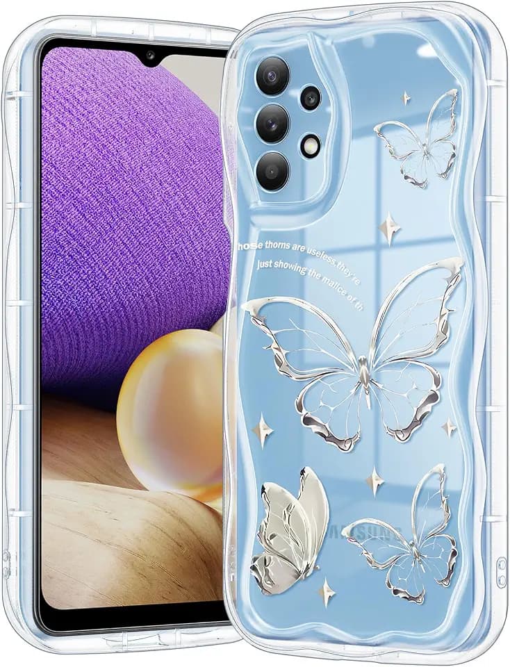 Compatible for Samsung Galaxy A32 5G Case, Pretty Butterfly Print Three-Dimensional Wave Clear Case for Girls Women, Soft Full Package Anti-Fall Cover for Galaxy A32 5G, Silver Butterfly
