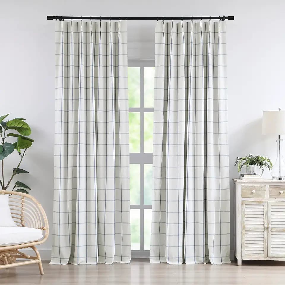 Vision Home Blue Plaid Linen Pinch Pleated Full Blackout Curtains 40Wx84Lx2