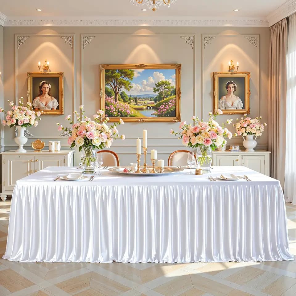 White Satin Tablecloths Rectangle 4FT, Glitter Spandex Fitted Stretch Table Covers Wrinkle-Resistant Floor Length Shimmer Pleated Table Skirt for Weddings Parties Baby Shower Banquets Vendor Events