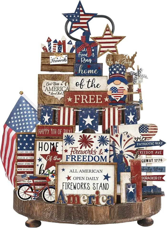 26 Pcs 4th of July Tiered Tray Decor Patriotic USA Wood Signs
