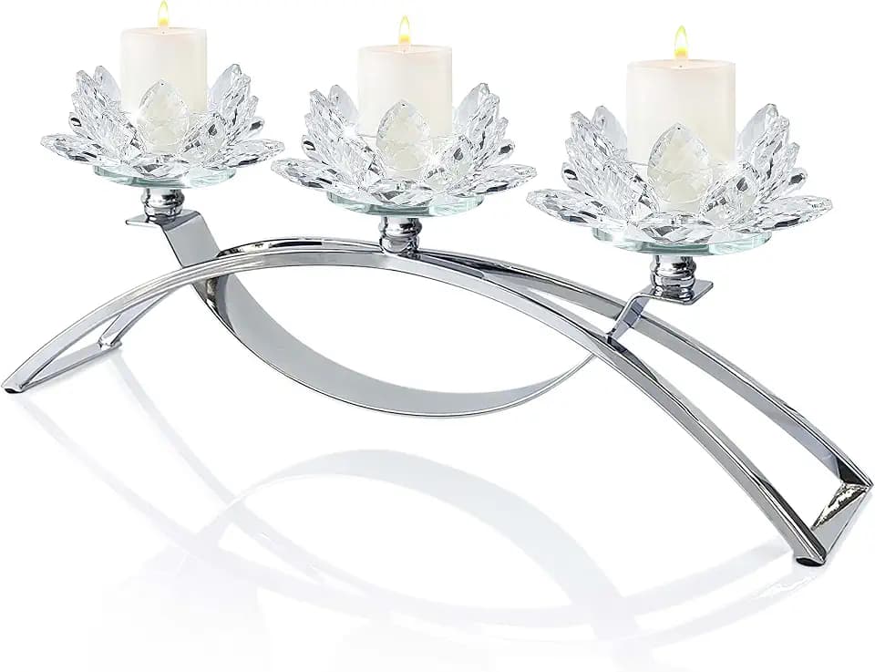 3 Arms Crystal Flower Candle Holder Bringing Tabletop tealight Holder for Party/Dining Room centerpieces (1, Silver)