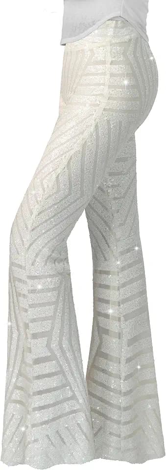 Nawgut Sequin Flare Pants Sparkly Glitter High Waisted Bell Bottom Trousers Disco Party Clubwear for Women
