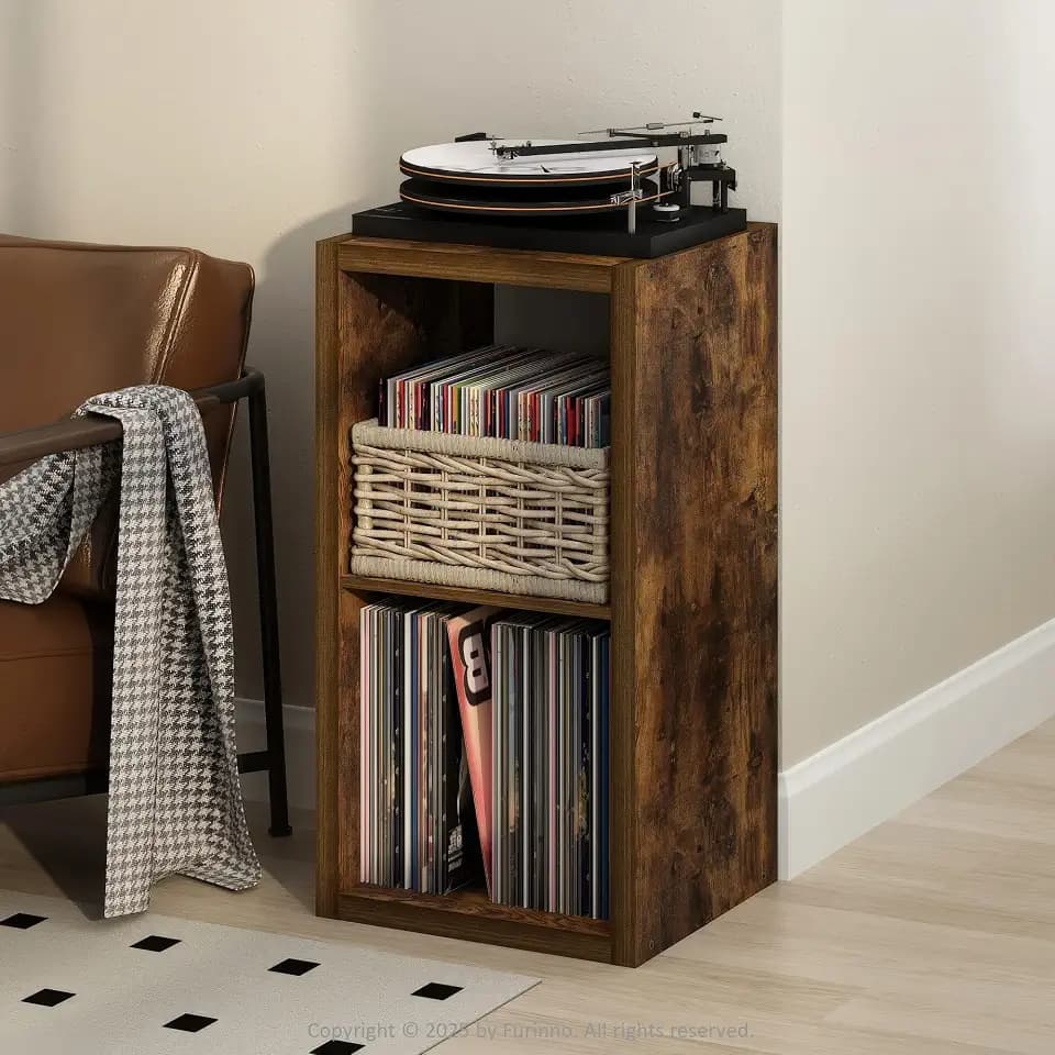 Furinno Cubicle Record Player Stand, 2-Cube Record Storage, Amber Pine