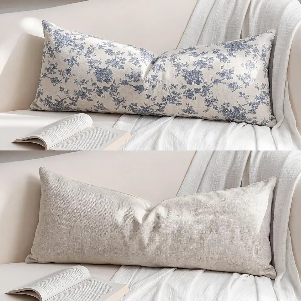 Frienda Blue Floral Long Pillow Cover, Blue, 14 x 36 Inches, Double Sided