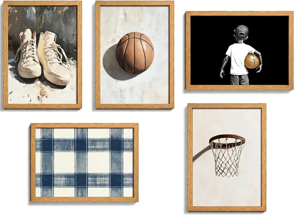 guajunsanh Solid Wood Framed 5 Piece Vintage Basketball Wall Art
