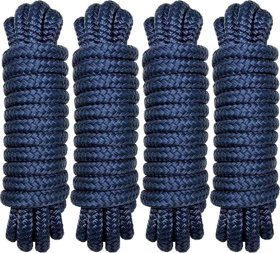 Double Braid 1/2" x 15' Boat Dock Lines (4-Pack) – Nylon Boat Ropes for Docking with 12" Spliced Eye – Heavy Duty Marine Rope – Soft & Durable Boat Lines for Pontoon and Light Boat (Navy Blue)