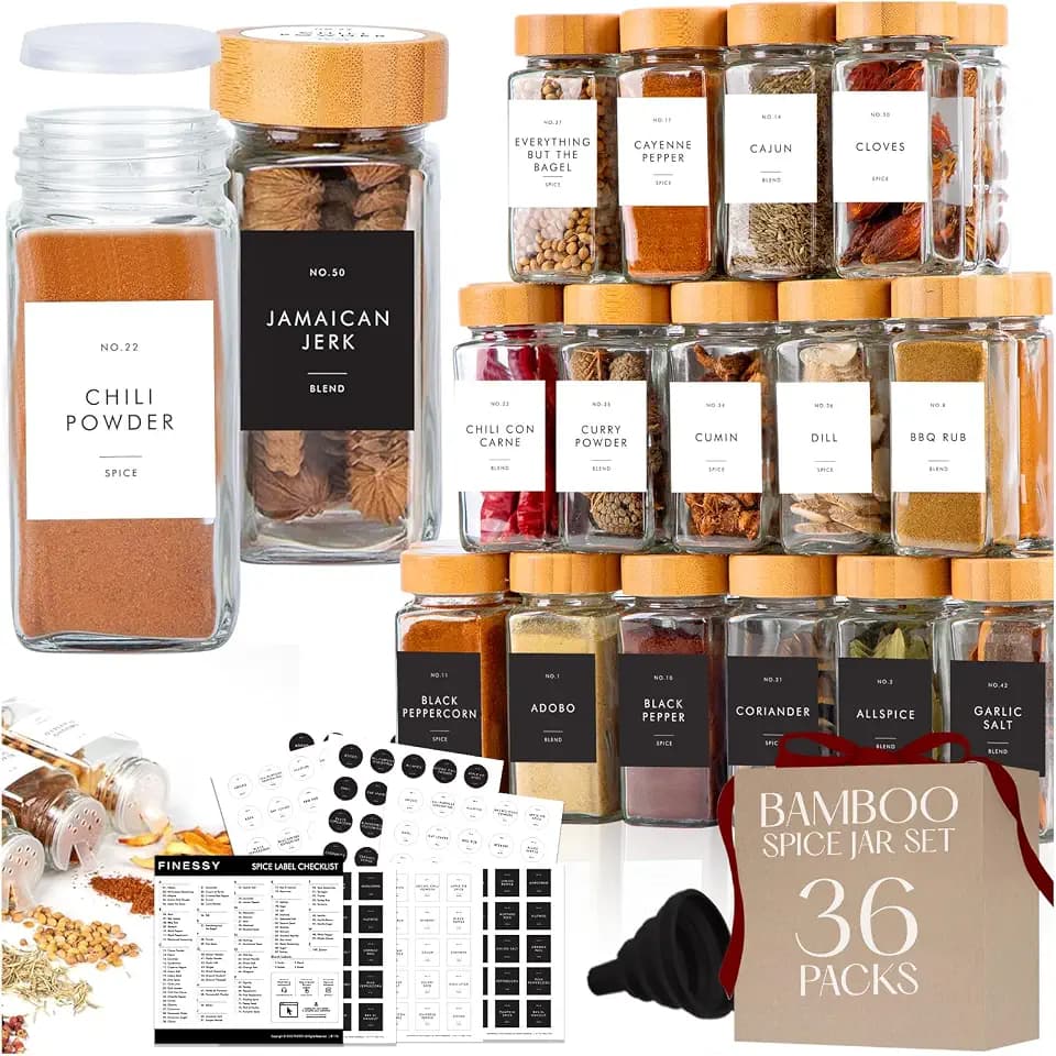 FINESSY 36 Thick Glass Spice Jars With Bamboo Lids, 480 Waterproof Labels