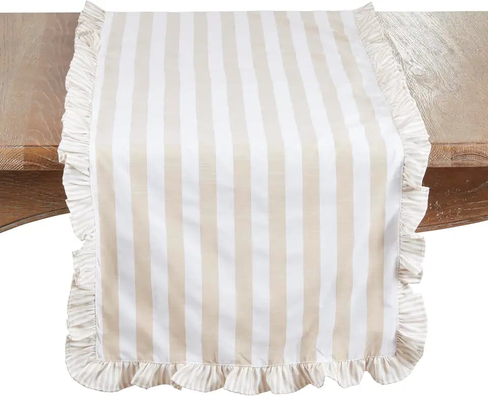 SARO LIFESTYLE Striped Ruffle Edge Table Runner – Decorative Non-Reversible Cotton Blend Table Runner for Dining Table, 16"x72"