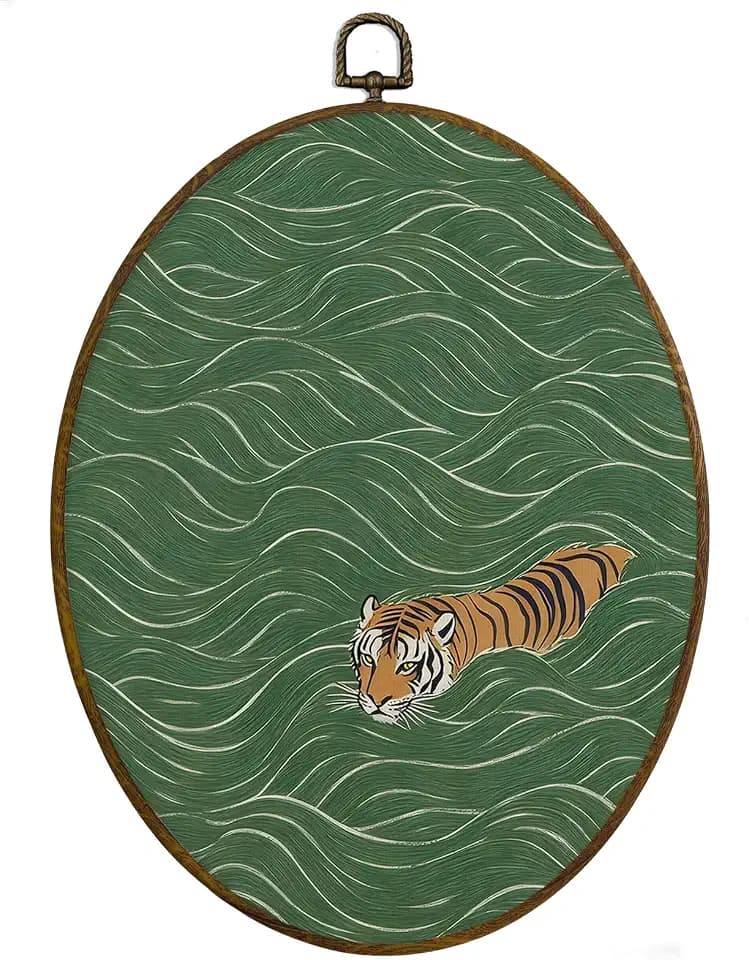 MAQIKA Japanese Tiger Swimming Framed Wall Art Decor, Oriental Japandi Oval Wall Hanging Decor, Green Japanese Wild Animals Canvas Prints Wall Art for Gallery Home Bedroom Living Room, 8.7x11.3 Inch
