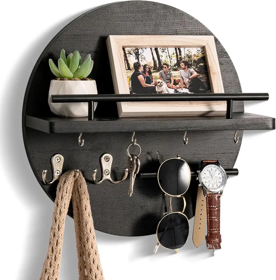 Key Holder Wall Mount with Shelf and Hooks, Mail Organizer for Wall, Black