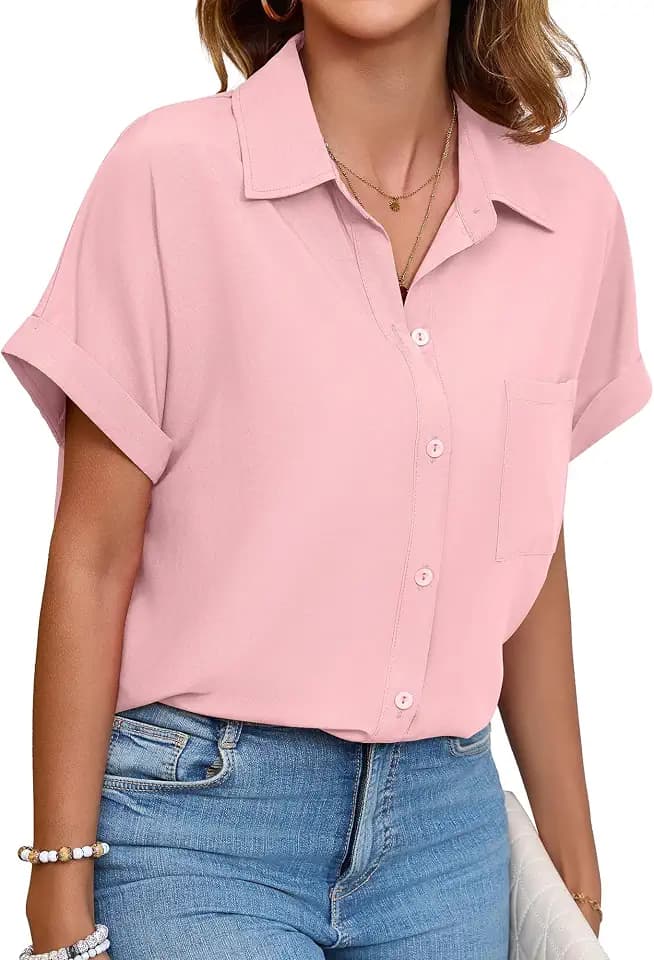 Poplab Womens Button Down Shirts Short Sleeve Work Blouse Casual Collared Office Shirt with Pocket