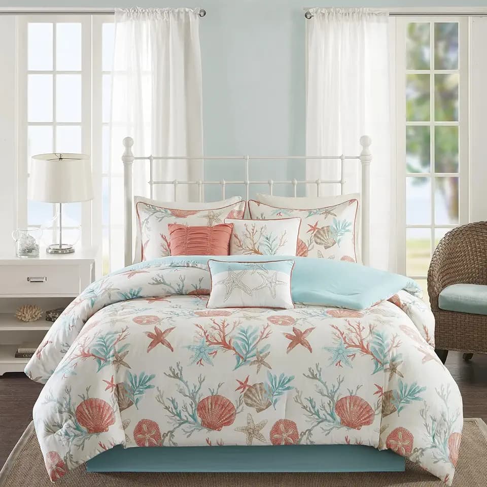Madison Park Cotton Coastal Starfish Coral Queen Comforter Set, 7pc