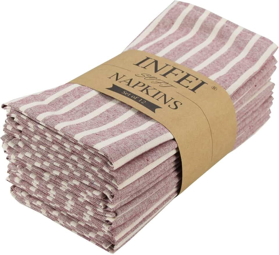 Broad Striped Cotton Blended Dinner Cloth Napkins - Set of 12 (17 x 17 inches) - for Xmas Parties Events & Home Use (Rust Red)