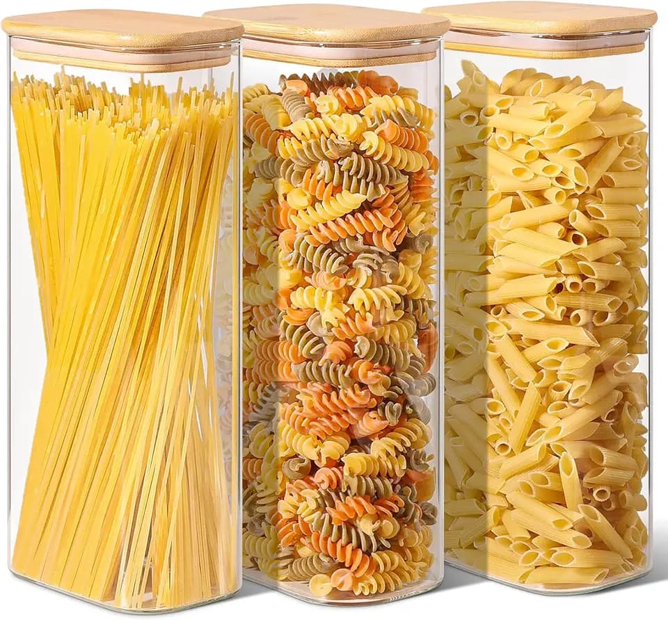 ComSaf Pasta Containers Storage 2.2 Qt, Set of 3 Tall Glass Spaghetti Jar