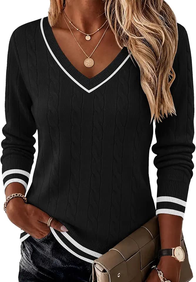 Ekouaer Womens Cable Knit V Neck Sweater Long Sleeve Fall Tops Clothes 2026