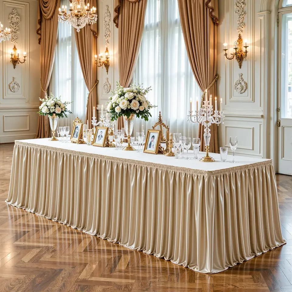 6ft Length Champagne Gold Satin Table Skirt for Rectangle Tables, Wrinkle Resistant Pleated Ruffle Table Cloth Glitter Desk Skirting for Weddings Banquet Birthday Party Bridal Shower Decorations