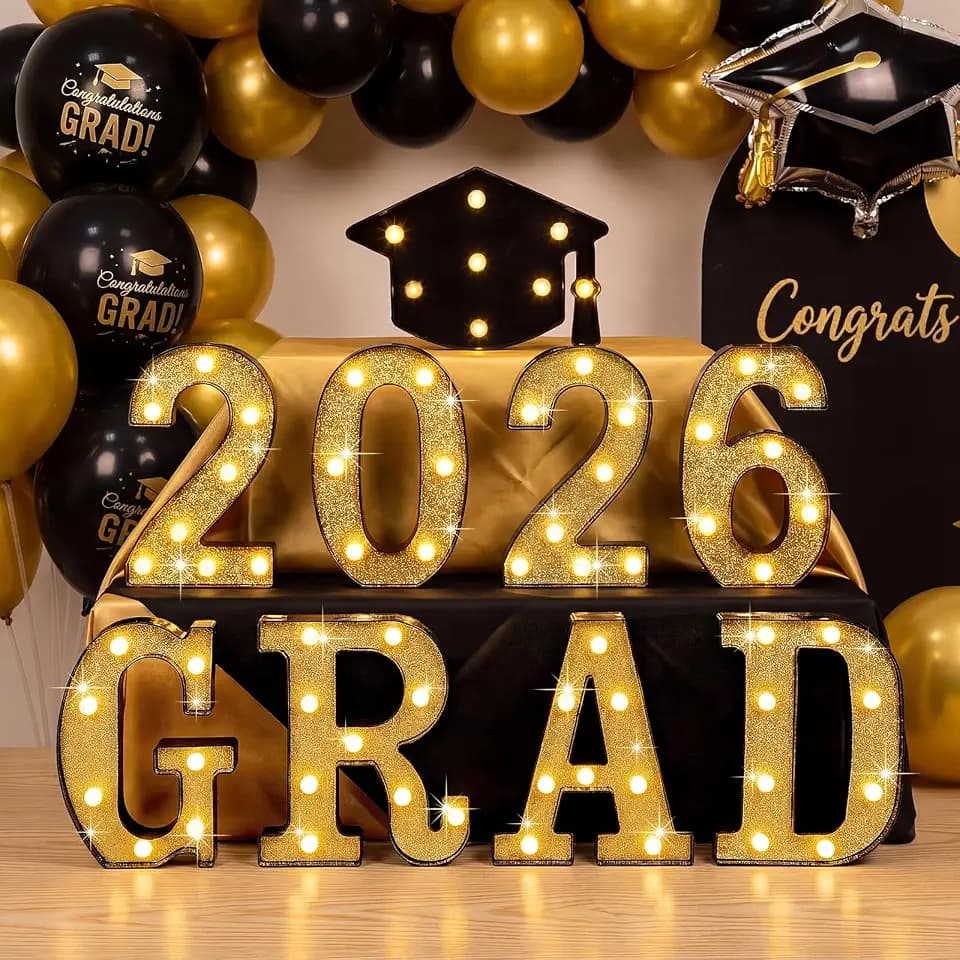 2026 Graduation Decorations 8.6 Inch Gold Glitter Light up Sign 'grad 2026' - Graduation Party Decor for Kindergarten Preschool High School College